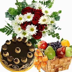 Roses with Cake and Fruit Basket